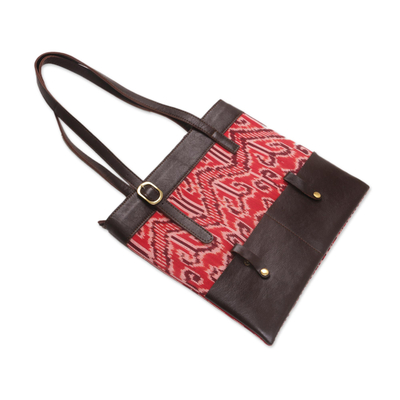 Leather and cotton ikat shoulder bag, 'Jepara Tradition' - Hand Woven Cotton and Leather Shoulder Bag from Java