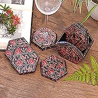 Wood batik coasters, 'Kembang Memory' (set of 6)