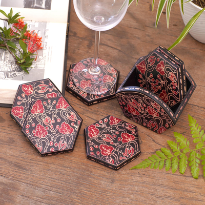 Wood batik coasters, 'Kembang Memory' (set of 6) - Handcrafted Wood Batik Coasters from Indonesia (Set of 6)