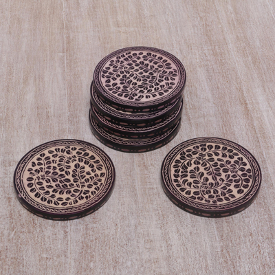 Wood batik coasters, 'Paddy Harvest' (set of 6) - Indonesian Cream and Black Wood Batik Coasters (Set of 6)