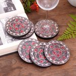 Wood batik coasters, 'Phoenix Flowers' (set of 6) - Hand Stamped Wood Batik Coasters from Java (Set of 6)