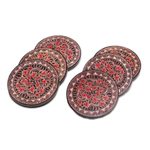 Wood batik coasters, 'Phoenix Flowers' (set of 6) - Hand Stamped Wood Batik Coasters from Java (Set of 6)