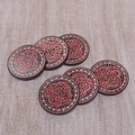 Wood batik coasters, 'Phoenix Flowers' (set of 6) - Hand Stamped Wood Batik Coasters from Java (Set of 6)