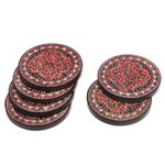 Wood batik coasters, 'Phoenix Flowers' (set of 6) - Hand Stamped Wood Batik Coasters from Java (Set of 6)