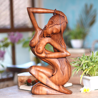 Wood sculpture, 'Summer Shower' - Hand Carved Suar Wood Sculpture of Artistic Nude