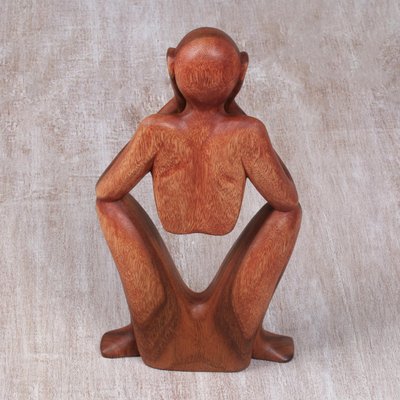 Wood statuette, 'Boredom' - Natural Suar Wood Sculpture of Bored Figure