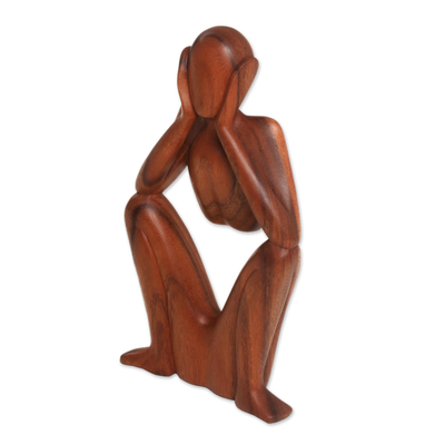 Wood statuette, 'Boredom' - Natural Suar Wood Sculpture of Bored Figure