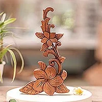 Wood relief wall panel, 'Touch of Jepun' - Hand Carved Suar Wood Relief Panel of Frangipani