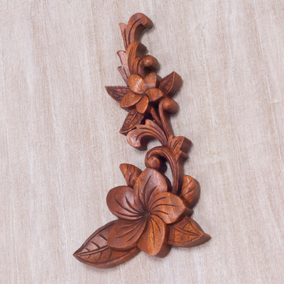 Wood relief wall panel, 'Touch of Jepun' - Hand Carved Suar Wood Relief Panel of Frangipani