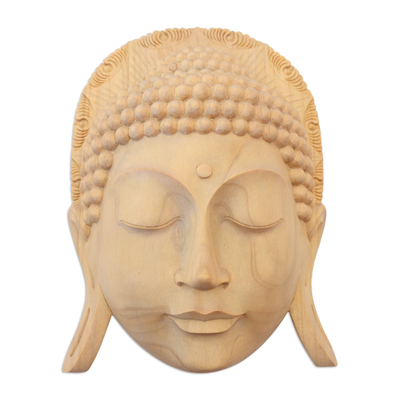 Wood mask, 'Borobudur Buddha' - Hand Crafted Crocodile Wood Mask of Buddha