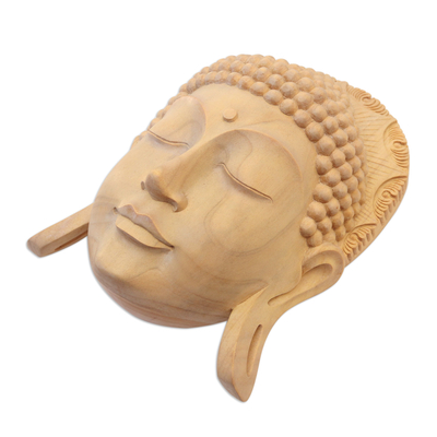 Wood mask, 'Borobudur Buddha' - Hand Crafted Crocodile Wood Mask of Buddha