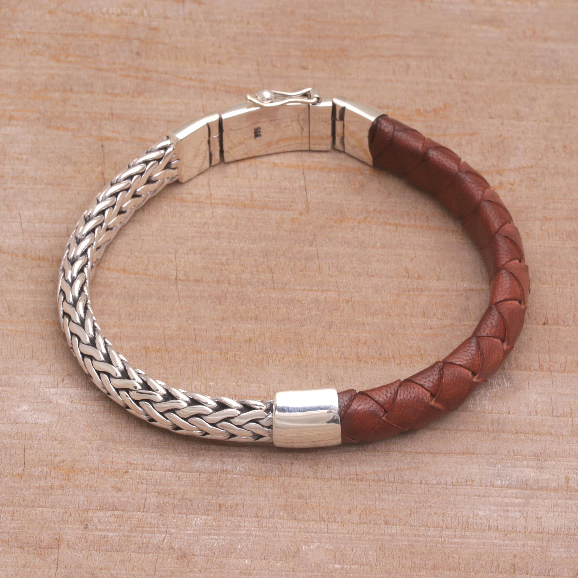 Combination Brown Leather and Silver Men's Bracelet - Halfway Home | NOVICA