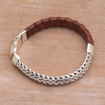 Men's sterling silver and leather bracelet, 'Halfway Home' - Combination Brown Leather and Silver Men's Bracelet