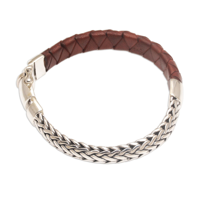 Men's sterling silver and leather bracelet, 'Halfway Home' - Combination Brown Leather and Silver Men's Bracelet