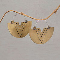 Brass hoop earrings, 'Tribal Points' - Brass and Sterling Silver Hoop Earrings from Bali