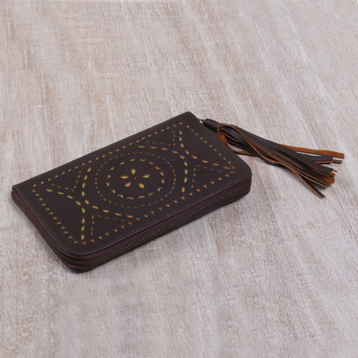 Leather wallet clutch, 'Borobudur Stars in Chocolate' - Hand Crafted Brown Leather Wallet Clutch from Bali