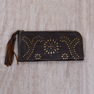 Leather wallet clutch, 'Prambanan Fireworks in Brown' - Wallet Clutch Hand Crafted from Dark Brown Leather