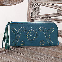 Leather wallet clutch, 'Prambanan Fireworks in Teal' - Cutout Design Leather Wallet Clutch in Cool Teal