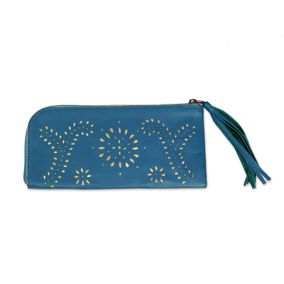 Leather wallet clutch, 'Prambanan Fireworks in Teal' - Cutout Design Leather Wallet Clutch in Cool Teal
