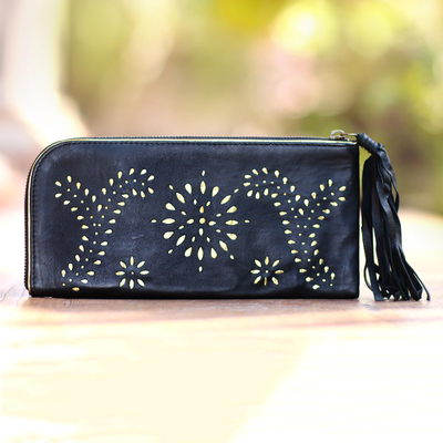Leather wallet clutch, Prambanan Fireworks in Black