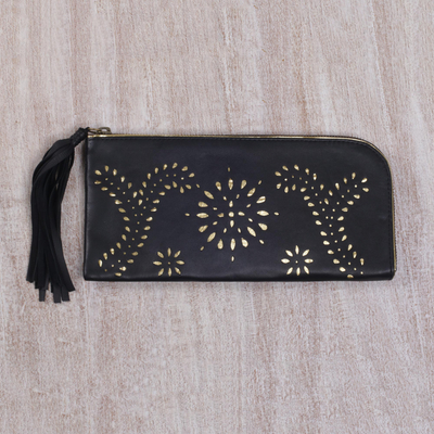 Leather wallet clutch, 'Prambanan Fireworks in Black' - Black and Gold Wallet Clutch Combo Handmade in Bali