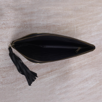 Cartera de mano de piel - Combo de embrague de cartera negro y dorado hecho a mano en Bali