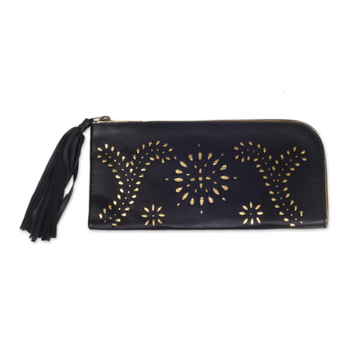 Leather wallet clutch, 'Prambanan Fireworks in Black' - Black and Gold Wallet Clutch Combo Handmade in Bali