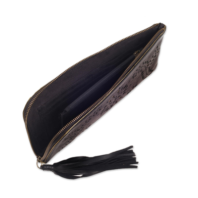 Cartera de mano de piel - Combo de embrague de cartera negro y dorado hecho a mano en Bali