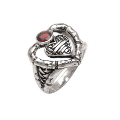 Garnet cocktail ring, 'Semarapura Heart' - Garnet Ring with Textured Sterling Silver Heart Motifs