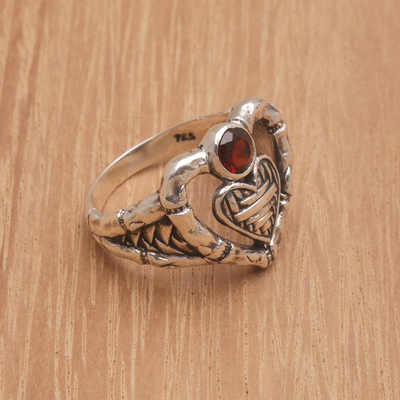 Garnet cocktail ring, 'Semarapura Heart' - Garnet Ring with Textured Sterling Silver Heart Motifs