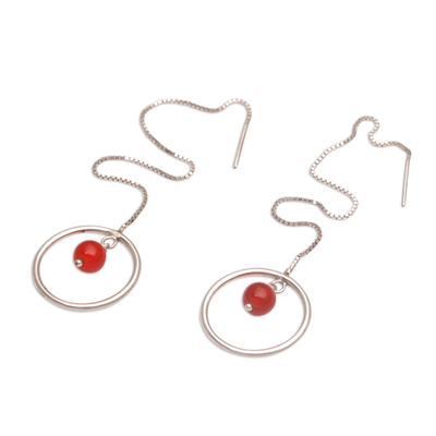 Carnelian threader earrings, 'Soulful Rings' - Carnelian and Sterling Silver Threader Earrings form Bali