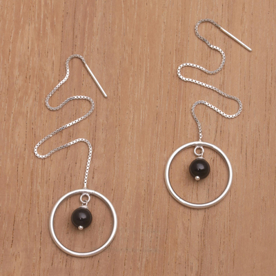 Onyx threader earrings, 'Soulful Rings' - Onyx and Sterling Silver Threader Earrings from Bali