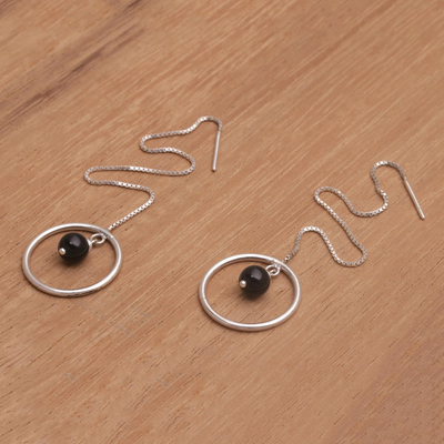 Onyx threader earrings, 'Soulful Rings' - Onyx and Sterling Silver Threader Earrings from Bali