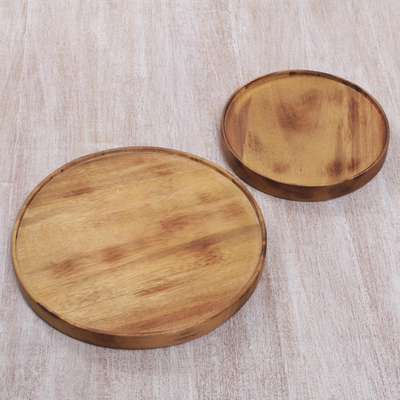 Small teak wood serving plates, 'Nature's Design' (pair) - Small Round Serving Plates Hand Carved of Teak Wood (Pair)