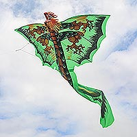 Nylon kite, 'Verdant Dragon' - Hand-Painted Green Dragon Nylon Kite from Bali