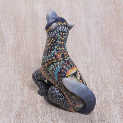 Handcrafted Polymer Clay Wolf Sculpture from Bali - Vibrant Wolf | NOVICA