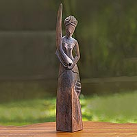 Wood statuette, 'Didgeridoo Woman' - Rustic Wood Statuette of Woman with Didgeridoo