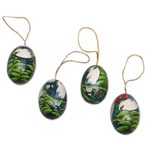 Wood ornaments, 'Jalak Forest' (set of 4) - Hand-Painted Ornaments of Jalak Birds from Bali (Set of 4)