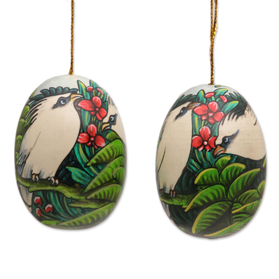 Holzornamente, (4er-Set) - Handbemalte Ornamente von Jalak-Vögeln aus Bali (4er-Set)