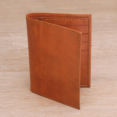 Leather wallet, 'Javanese Simplicity' - Handmade Unisex Orange Stitched Leather Wallet from Bali