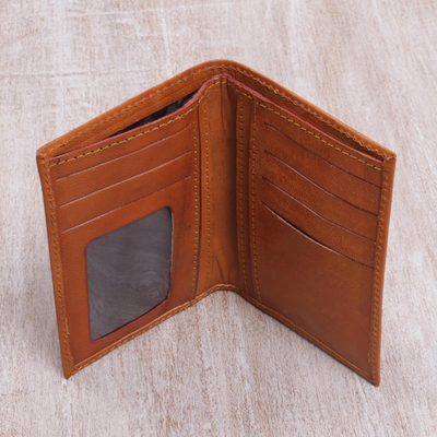 Ledergeldbörse - Handgefertigte Unisex-Geldbörse aus orange genähtem Leder aus Bali