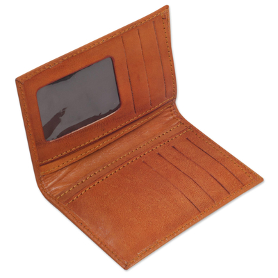 Leather wallet, 'Javanese Simplicity' - Handmade Unisex Orange Stitched Leather Wallet from Bali