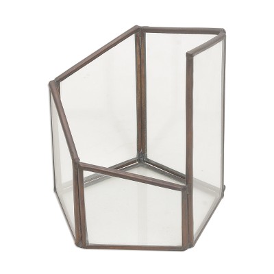 Glass and brass terrarium, 'Pentagonal Illusion' - Handmade Javanese Glass and Brass Pentagonal Plant Terrarium