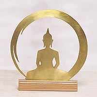 Brass sculpture, 'Sitting Buddha Dome' - Brass and Teak Wood Silhouette Sculpture of Buddha