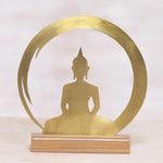 Brass sculpture, 'Sitting Buddha Dome' - Brass and Teak Wood Silhouette Sculpture of Buddha