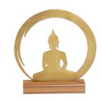 Brass sculpture, 'Sitting Buddha Dome' - Brass and Teak Wood Silhouette Sculpture of Buddha