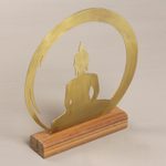 Brass sculpture, 'Sitting Buddha Dome' - Brass and Teak Wood Silhouette Sculpture of Buddha