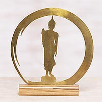Brass sculpture, 'Standing Buddha Dome' - Handmade Brass and Wood Sculpture of Buddha
