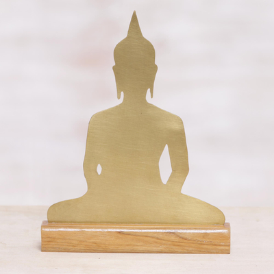 Messingskulptur - Meditierende Buddha-Skulptur aus Messing auf Holzsockel
