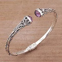 Amethyst cuff bracelet, 'Bedugul Bamboo' - Bali Sterling Silver Bamboo Cuff Bracelet with Amethysts